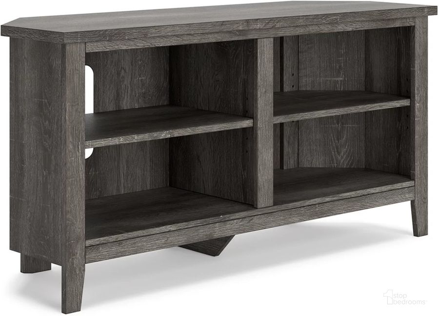 The appearance of Arlenbry Gray Small Corner Tv Stand designed by Signature Design by Ashley in the modern / contemporary interior design. This gray piece of furniture  was selected by 1StopBedrooms from Arlenbry Collection to add a touch of cosiness and style into your home. Sku: W275-46. Material: Wood. Product Type: TV Stand. Image1