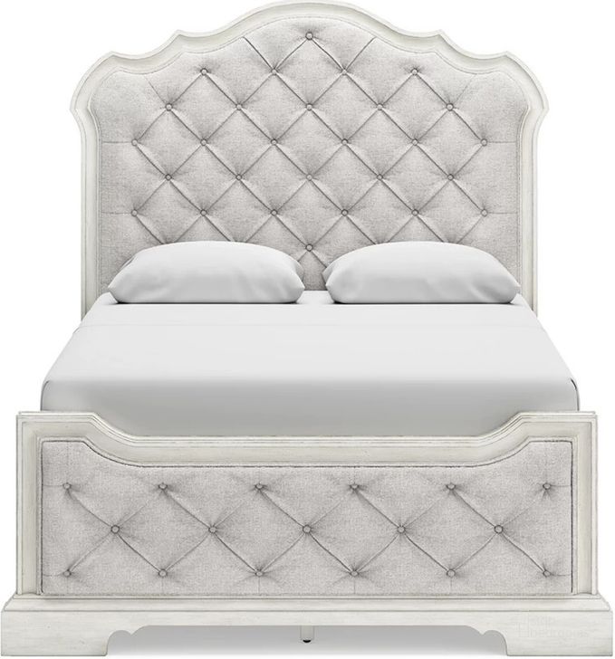 The appearance of Arlendyne Queen Upholstered Bed In Antique White designed by Signature Design by Ashley in the traditional interior design. This antique white piece of furniture  was selected by 1StopBedrooms from Arlendyne Collection to add a touch of cosiness and style into your home. Sku: B980-54;B980-57;B980-97. Bed Type: Panel Bed. Material: Fabric. Product Type: Panel Bed. Bed Size: Queen. Image1