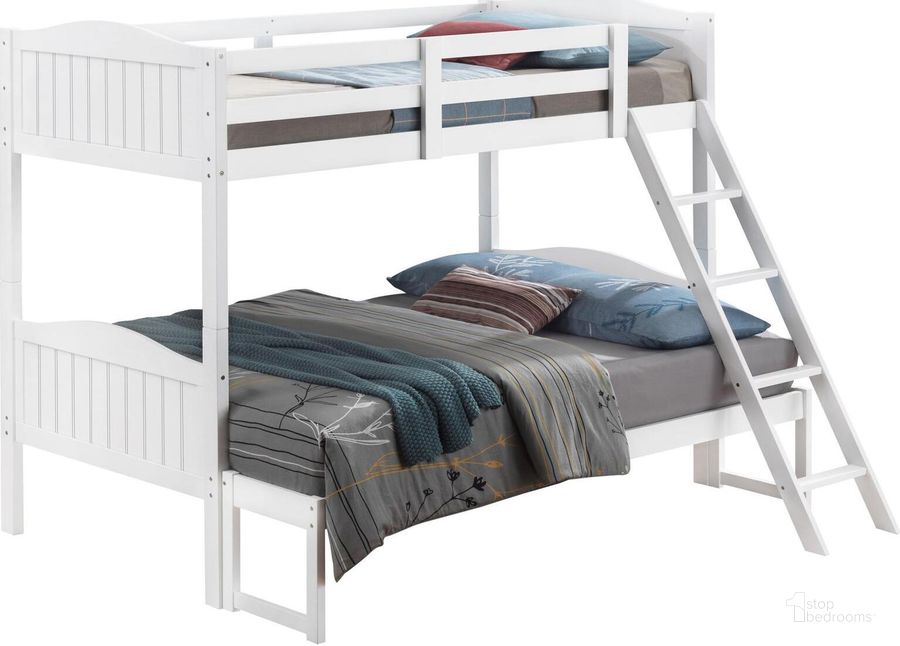 The appearance of Arlo Twin Over Full Bunk Bed with Ladder In White designed by Coaster in the transitional interior design. This white piece of furniture  was selected by 1StopBedrooms from Arlo Collection to add a touch of cosiness and style into your home. Sku: 405050WHT;405053WHTB1;405053WHTB2. Bed Type: Bunk Bed. Material: Wood. Product Type: Bunk Bed. Bed Size: Twin Over Full. Image1