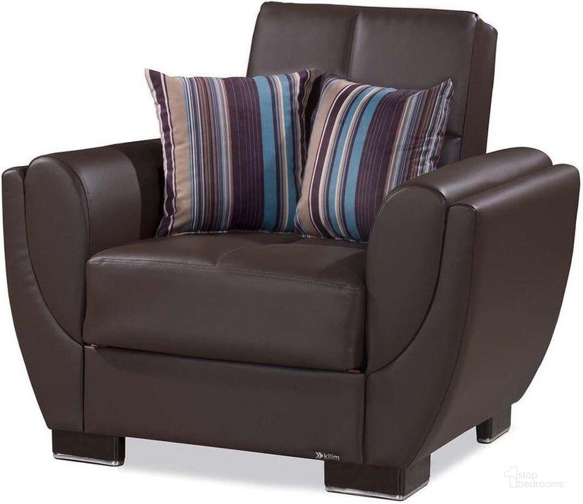 The appearance of Armada Air Upholstered Convertible Armchair with Storage In Brown AIR-AC-116-PU designed by Casamode in the modern / contemporary interior design. This brown piece of furniture  was selected by 1StopBedrooms from Armada Air Collection to add a touch of cosiness and style into your home. Sku: AIR-AC-116-PU. Material: Leather. Product Type: Arm Chair. Image1