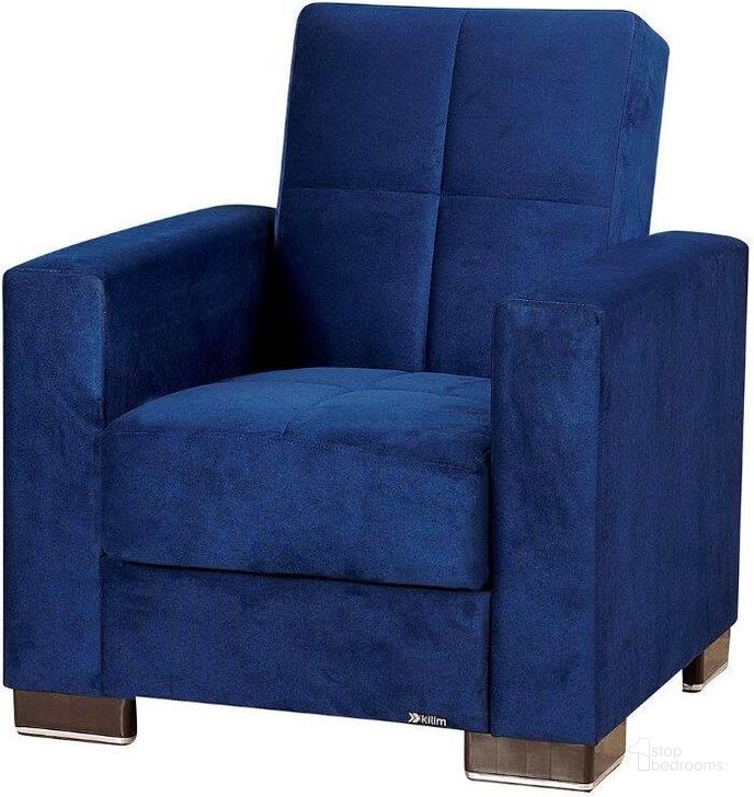 The appearance of Armada Upholstered Convertible Armchair with Storage In Blue ARM-AC-4 designed by Casamode in the modern / contemporary interior design. This blue piece of furniture  was selected by 1StopBedrooms from Armada Collection to add a touch of cosiness and style into your home. Sku: ARM-AC-4. Material: Microfiber. Product Type: Arm Chair. Image1