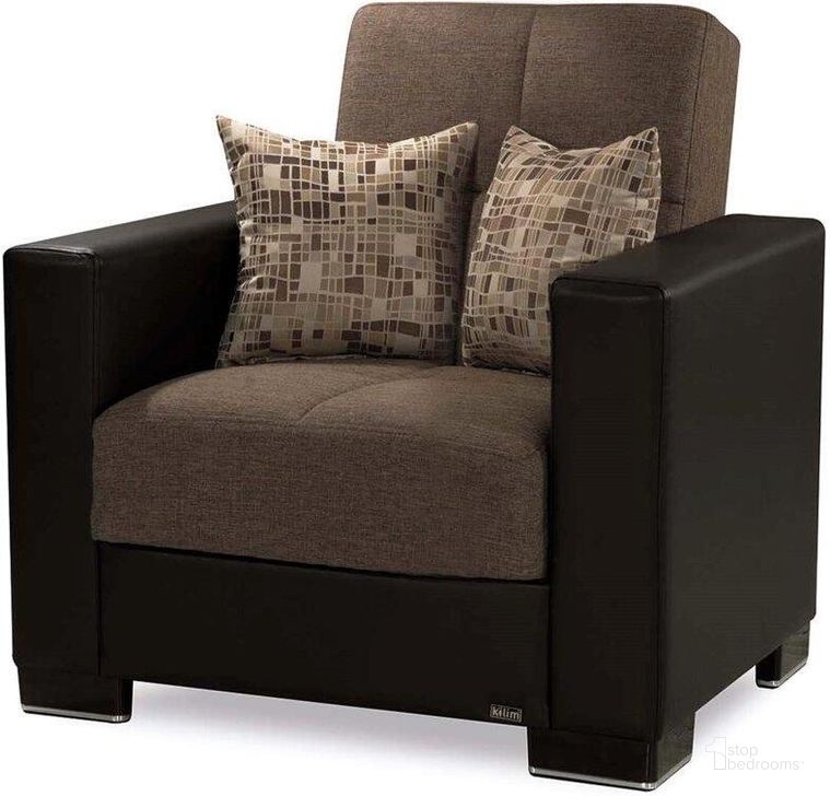 The appearance of Armada Upholstered Convertible Armchair with Storage In Brown ARM-AC-14 designed by Casamode in the modern / contemporary interior design. This brown/black piece of furniture  was selected by 1StopBedrooms from Armada Collection to add a touch of cosiness and style into your home. Sku: ARM-AC-14. Product Type: Arm Chair. Material: Chenille. Image1