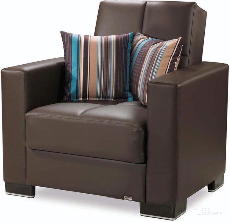 The appearance of Armada Upholstered Convertible Armchair with Storage In Brown ARM-AC-16-PU designed by Casamode in the modern / contemporary interior design. This brown piece of furniture  was selected by 1StopBedrooms from Armada Collection to add a touch of cosiness and style into your home. Sku: ARM-AC-16-PU. Material: Leather. Product Type: Arm Chair. Image1