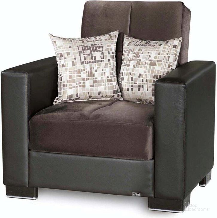 The appearance of Armada Upholstered Convertible Armchair with Storage In Brown ARM-AC-7 designed by Casamode in the modern / contemporary interior design. This dark brown/gray piece of furniture  was selected by 1StopBedrooms from Armada Collection to add a touch of cosiness and style into your home. Sku: ARM-AC-7. Material: Microfiber. Product Type: Arm Chair. Image1