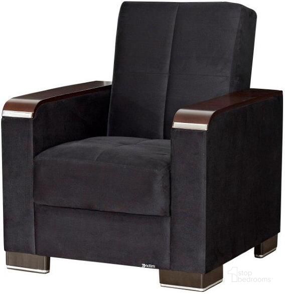 The appearance of Armada X Upholstered Convertible Wood Trimmed Armchair with Storage In Black ARM-W-AC-303 designed by Casamode in the modern / contemporary interior design. This black piece of furniture  was selected by 1StopBedrooms from Armada X Collection to add a touch of cosiness and style into your home. Sku: ARM-W-AC-303. Material: Microfiber. Product Type: Arm Chair. Image1