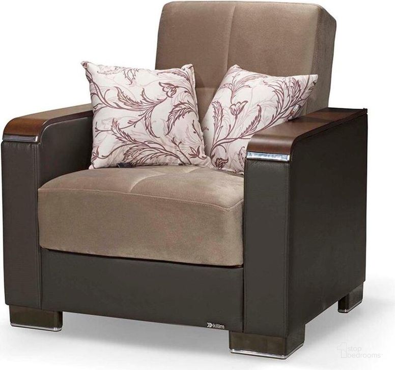 The appearance of Armada X Upholstered Convertible Wood Trimmed Armchair with Storage In Brown And Sand designed by Casamode in the modern / contemporary interior design. This brown/sand piece of furniture  was selected by 1StopBedrooms from Armada X Collection to add a touch of cosiness and style into your home. Sku: ARM-W-AC-309. Product Type: Arm Chair. Material: Chenille. Image1