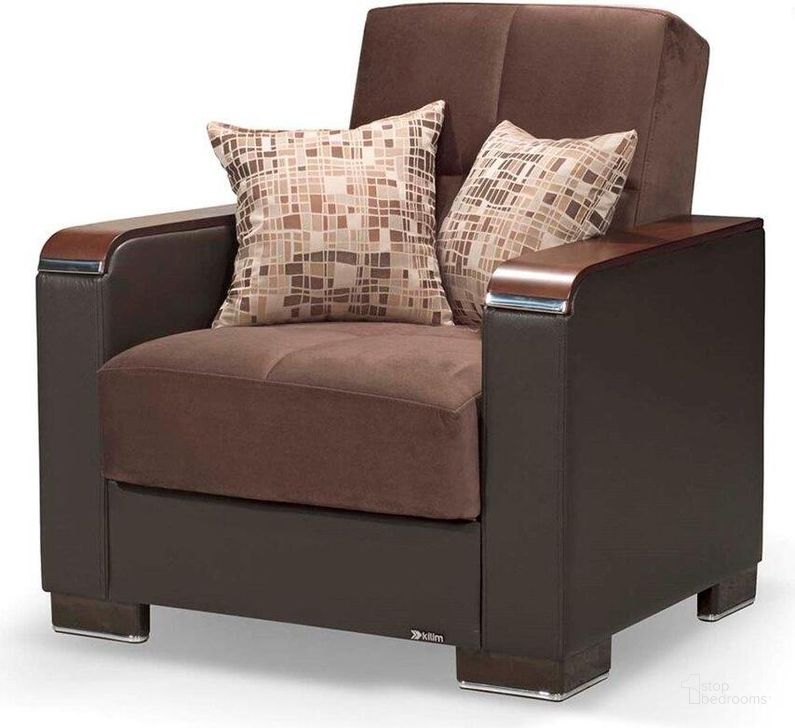The appearance of Armada X Upholstered Convertible Wood Trimmed Armchair with Storage In Brown ARM-W-AC-307 designed by Casamode in the modern / contemporary interior design. This brown piece of furniture  was selected by 1StopBedrooms from Armada X Collection to add a touch of cosiness and style into your home. Sku: ARM-W-AC-307. Material: Leather. Product Type: Arm Chair. Image1