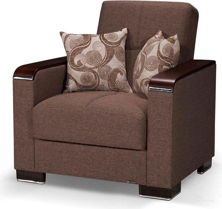 The appearance of Armada X Upholstered Convertible Wood Trimmed Armchair with Storage In Brown ARM-W-AC-312 designed by Casamode in the modern / contemporary interior design. This brown piece of furniture  was selected by 1StopBedrooms from Armada X Collection to add a touch of cosiness and style into your home. Sku: ARM-W-AC-312. Product Type: Arm Chair. Material: Chenille. Image1