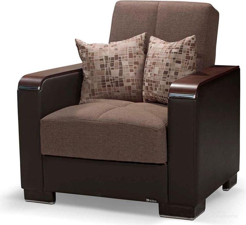 The appearance of Armada X Upholstered Convertible Wood Trimmed Armchair with Storage In Brown ARM-W-AC-314 designed by Casamode in the modern / contemporary interior design. This dark brown piece of furniture  was selected by 1StopBedrooms from Armada X Collection to add a touch of cosiness and style into your home. Sku: ARM-W-AC-314. Product Type: Arm Chair. Material: Chenille. Image1