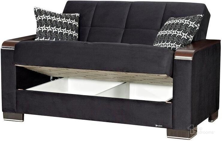 The appearance of Armada X Upholstered Convertible Wood Trimmed Loveseat with Storage In Black ARM-W-LS-303 designed by Casamode in the modern / contemporary interior design. This black piece of furniture  was selected by 1StopBedrooms from Armada X Collection to add a touch of cosiness and style into your home. Sku: ARM-W-LS-303. Material: Microfiber. Product Type: Loveseat. Image1