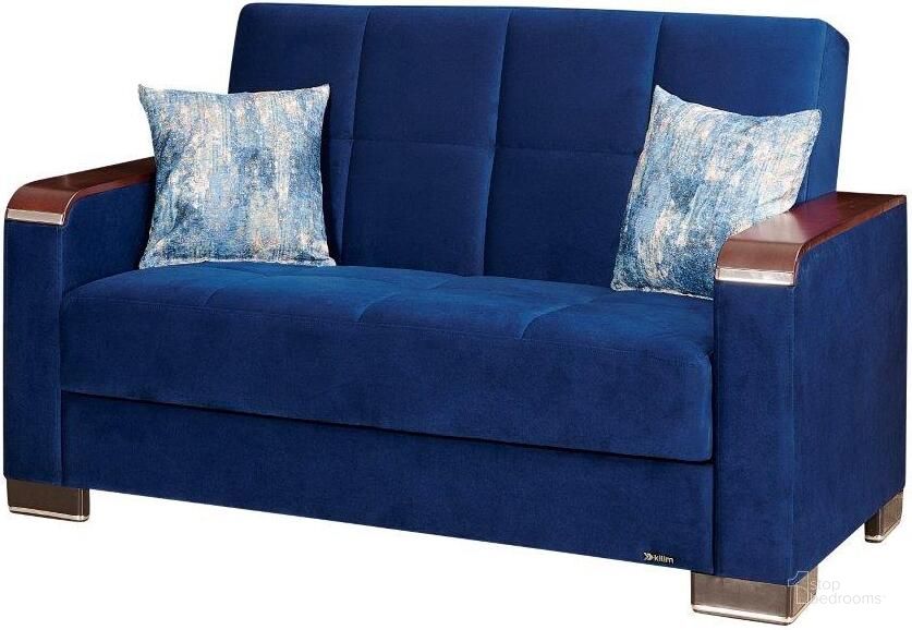 The appearance of Armada X Upholstered Convertible Wood Trimmed Loveseat with Storage In Blue ARM-W-LS-304 designed by Casamode in the modern / contemporary interior design. This blue piece of furniture  was selected by 1StopBedrooms from Armada X Collection to add a touch of cosiness and style into your home. Sku: ARM-W-LS-304. Material: Microfiber. Product Type: Loveseat. Image1