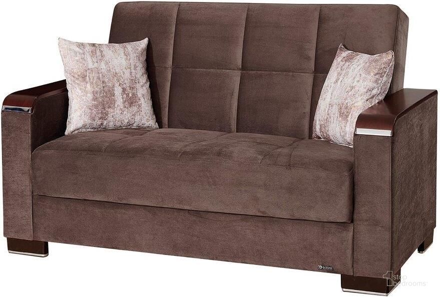 The appearance of Armada X Upholstered Convertible Wood Trimmed Loveseat with Storage In Brown ARM-W-LS-308 designed by Casamode in the modern / contemporary interior design. This brown piece of furniture  was selected by 1StopBedrooms from Armada X Collection to add a touch of cosiness and style into your home. Sku: ARM-W-LS-308. Material: Microfiber. Product Type: Loveseat. Image1