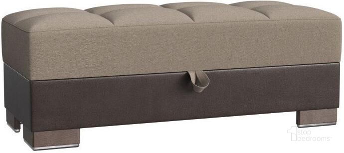 The appearance of Armada X Upholstered Convertible Wood Trimmed Ottoman with Storage In Brown And Sand designed by Casamode in the modern / contemporary interior design. This brown/sand piece of furniture  was selected by 1StopBedrooms from Armada X Collection to add a touch of cosiness and style into your home. Sku: ARM-W-O-309. Product Type: Ottoman. Material: Chenille. Image1