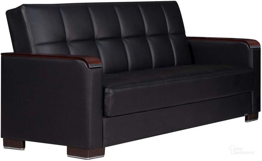 The appearance of Armada X Upholstered Convertible Wood Trimmed Sofabed with Storage In Black ARM-W-SB-315-PU designed by Casamode in the modern / contemporary interior design. This black piece of furniture  was selected by 1StopBedrooms from Armada X Collection to add a touch of cosiness and style into your home. Sku: ARM-W-SB-315-PU. Material: Leather. Product Type: Sofa Bed. Image1