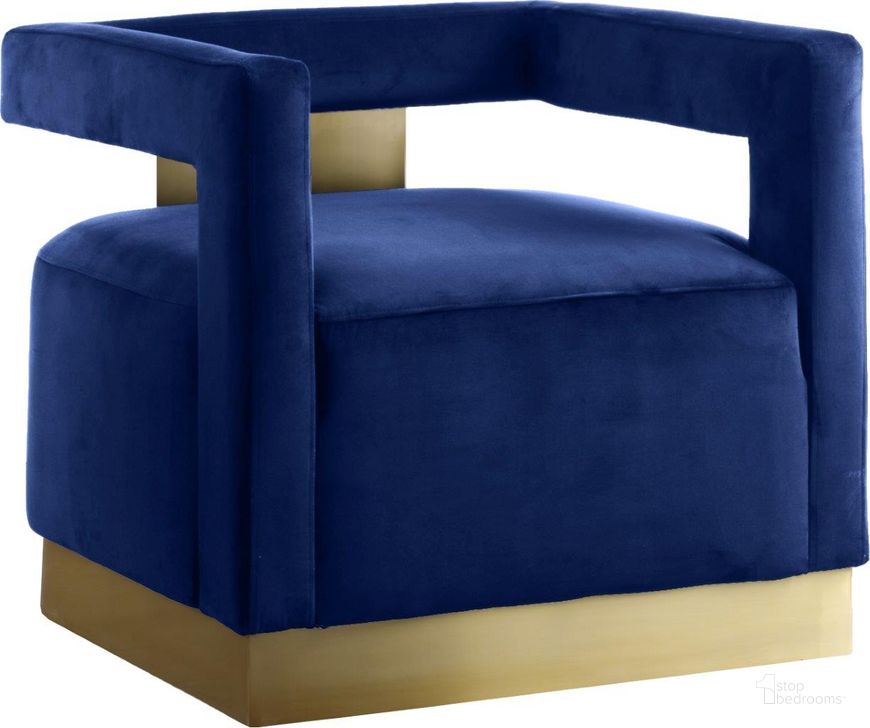 The appearance of Armani Navy Velvet Accent Chair designed by Meridian in the modern / contemporary interior design. This navy velvet piece of furniture  was selected by 1StopBedrooms from Armani Collection to add a touch of cosiness and style into your home. Sku: 597Navy. Product Type: Accent Chair. Material: Velvet. Image1