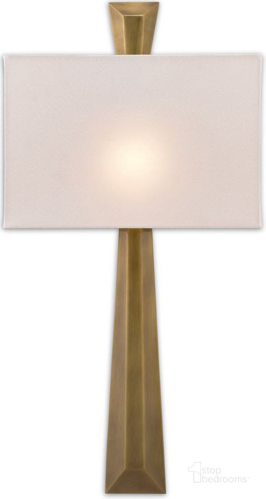 The appearance of Arno Brass Wall Sconce With White Shade designed by Currey & Company in the modern / contemporary interior design. This brass piece of furniture  was selected by 1StopBedrooms from Arno Collection to add a touch of cosiness and style into your home. Sku: 5900-0016. Material: Metal. Product Type: Wall Sconce. Image1