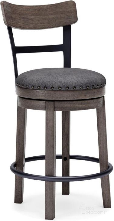 The appearance of Arran Gray Barstool 0qd24373386 designed by FineForm in the transitional interior design. This gray piece of furniture  was selected by 1StopBedrooms from Arran Collection to add a touch of cosiness and style into your home. Sku: D388-224. Material: Fabric. Product Type: Barstool. Image1