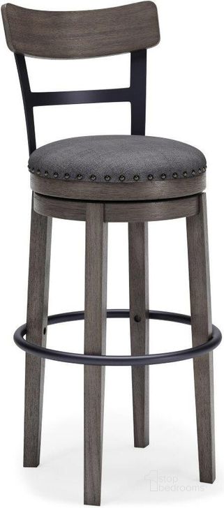 The appearance of Arran Gray Barstool 0qd24373387 designed by FineForm in the transitional interior design. This gray piece of furniture  was selected by 1StopBedrooms from Arran Collection to add a touch of cosiness and style into your home. Sku: D388-230. Material: Fabric. Product Type: Barstool. Image1