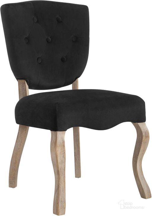The appearance of Array Black Vintage French Performance Velvet Dining Side Chair designed by Modway in the modern / contemporary interior design. This black piece of furniture  was selected by 1StopBedrooms from Array Collection to add a touch of cosiness and style into your home. Sku: EEI-2880-BLK. Material: Polyester. Product Type: Side Chair. Image1