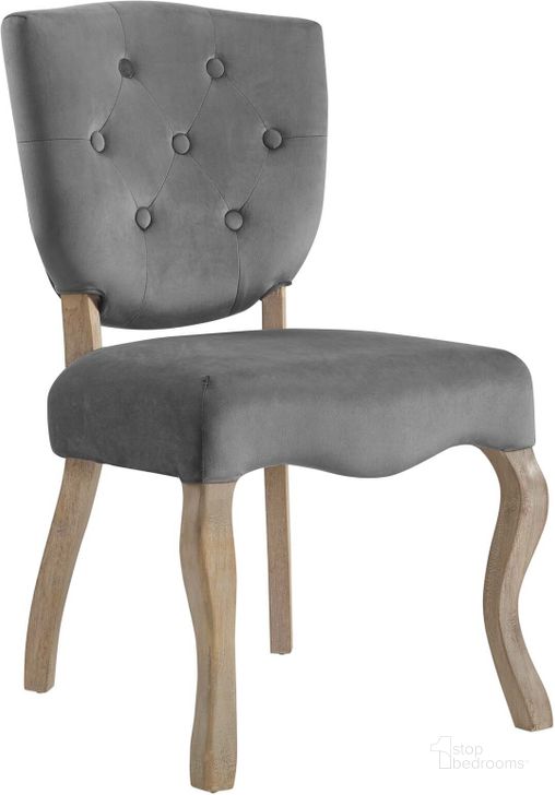 The appearance of Array Gray Vintage French Performance Velvet Dining Side Chair designed by Modway in the modern / contemporary interior design. This gray piece of furniture  was selected by 1StopBedrooms from Array Collection to add a touch of cosiness and style into your home. Sku: EEI-2880-GRY. Material: Polyester. Product Type: Side Chair. Image1