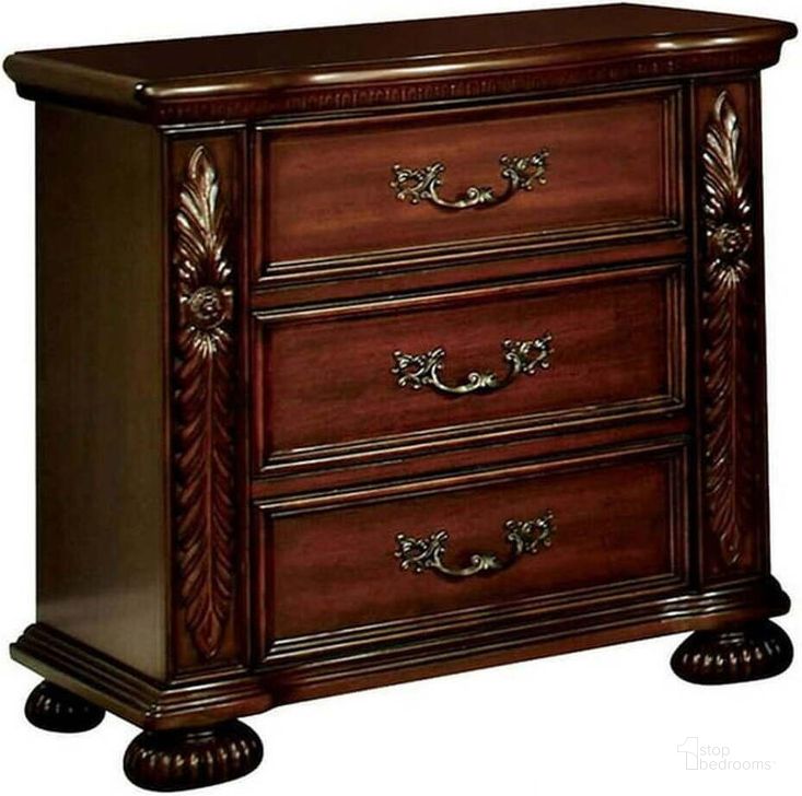 The appearance of Arthur Brown Cherry Nightstand designed by Furniture of America in the traditional interior design. This brown piece of furniture  was selected by 1StopBedrooms from Arthur Collection to add a touch of cosiness and style into your home. Sku: CM7587N. Material: Wood. Product Type: Nightstand. Image1