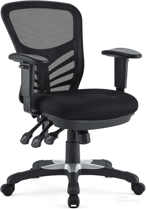 The appearance of Articulate Mesh Office Chair In Black designed by Modway in the modern / contemporary interior design. This black piece of furniture  was selected by 1StopBedrooms from Articulate Collection to add a touch of cosiness and style into your home. Sku: EEI-757-BLK. Product Type: Office Chair. Material: Plywood. Image1