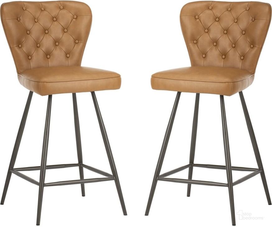 The appearance of Ashby Camel and Black 26 InchH Mid Century Modern Leather Tufted Swivel Counter Stool Set of 2 designed by Safavieh in the modern / contemporary interior design. This camel piece of furniture  was selected by 1StopBedrooms from Ashby Collection to add a touch of cosiness and style into your home. Sku: FOX1702D-SET2. Material: Steel. Product Type: Barstool. Image1