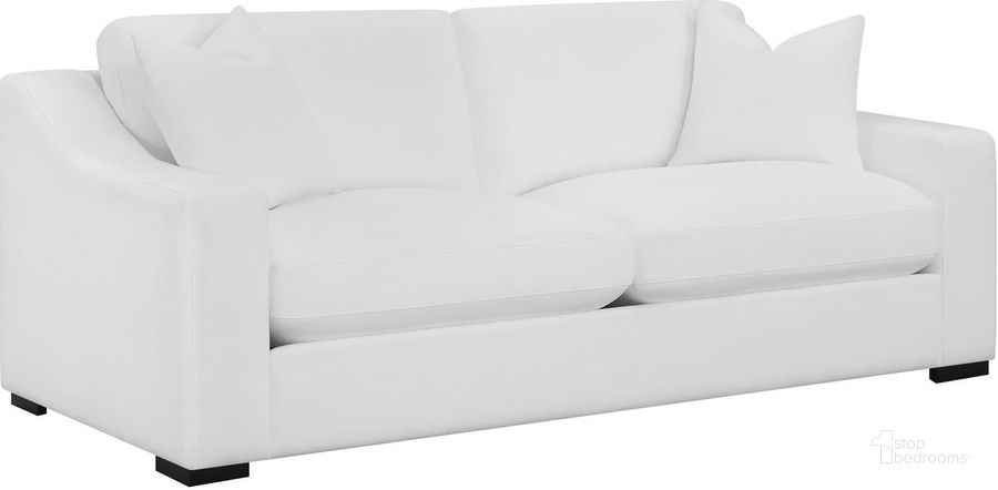 The appearance of Ashlyn Upholstered Sloped Arms Sofa White designed by Coaster in the modern / contemporary interior design. This white piece of furniture  was selected by 1StopBedrooms from Ashlyn Collection to add a touch of cosiness and style into your home. Sku: 509891. Material: Wood. Product Type: Sofa. Image1