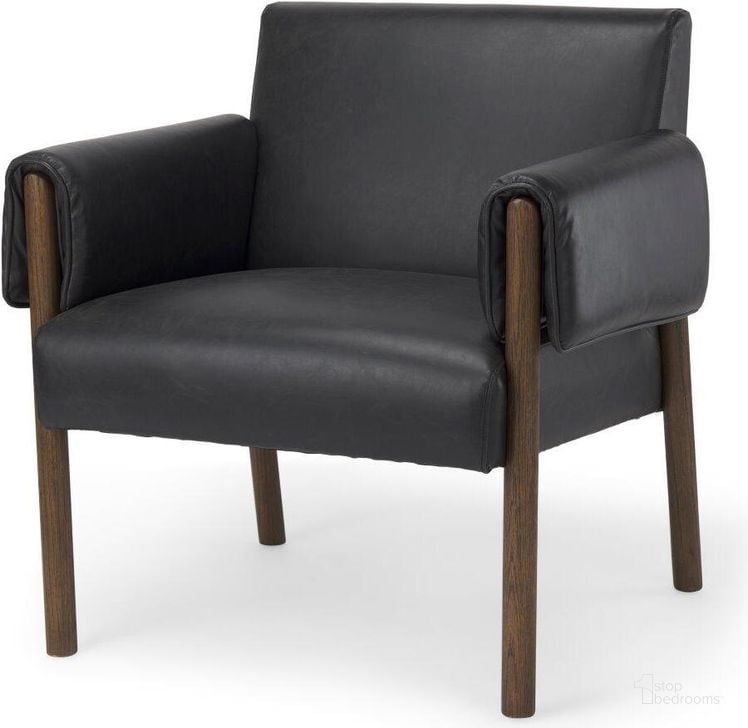 The appearance of Ashton Black Faux Leather Fabric With Dark Brown Wood Accent Chair designed by Mercana in the modern / contemporary interior design. This dark brown and black piece of furniture  was selected by 1StopBedrooms from Ashton Collection to add a touch of cosiness and style into your home. Sku: 69821. Material: Wood. Product Type: Accent Chair. Image1