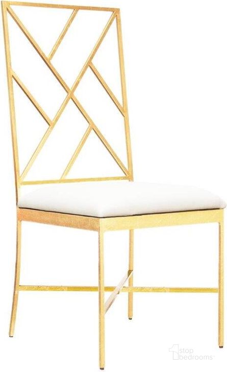 The appearance of Ashton Fretwork Back Gold Leaf And White Vinyl Dining Chair designed by Worlds Away in the modern / contemporary interior design. This white and gold piece of furniture  was selected by 1StopBedrooms from Ashton Collection to add a touch of cosiness and style into your home. Sku: ASHTON GWHITE. Material: Metal. Product Type: Dining Chair.