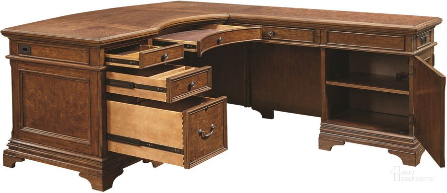 The appearance of Aspenhome Hawthorne Desk and Reversible Return in Brown Cherry designed by Aspenhome in the traditional interior design. This brown piece of furniture  was selected by 1StopBedrooms from Hawthorne Collection to add a touch of cosiness and style into your home. Sku: I26-307-1;I26-308-1. Material: Wood. Product Type: Desk. Image1