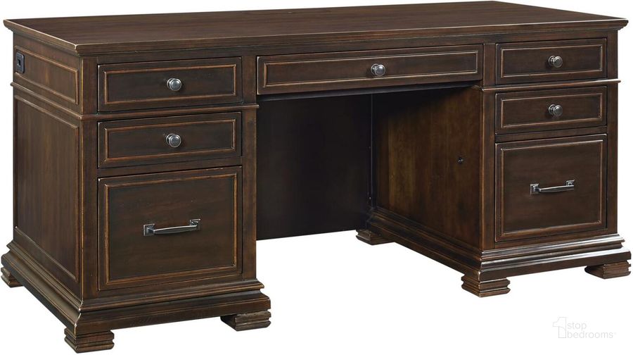 The appearance of Aspenhome Weston 66 Executive Desk With Power In Brown I35 303 designed by Aspenhome in the modern / contemporary interior design. This other colors piece of furniture  was selected by 1StopBedrooms from Weston Collection to add a touch of cosiness and style into your home. Sku: I35-303. Material: Wood. Product Type: Office Desk. Image1