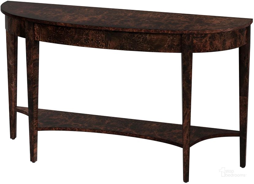 The appearance of Astor 54 Inch W Demilune Console Table In Dark Brown designed by Butler Specialty Company in the traditional interior design. This dark brown piece of furniture  was selected by 1StopBedrooms from Astor Collection to add a touch of cosiness and style into your home. Sku: 4146446. Product Type: Console Table. Material: Rubberwood. Image1