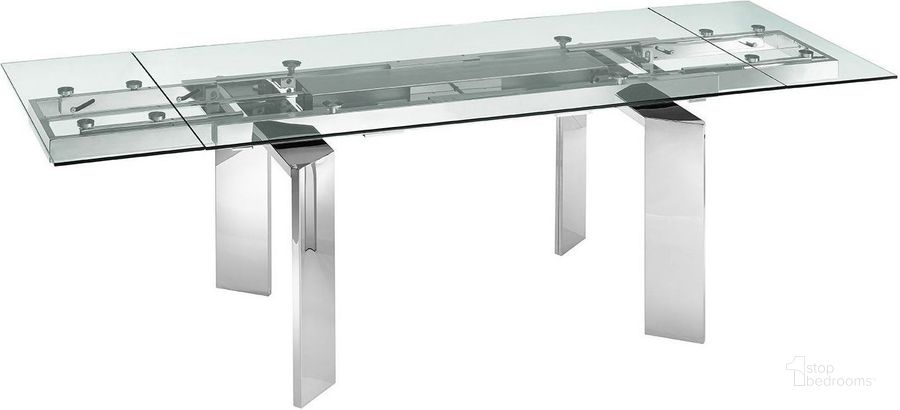 The appearance of Astor Clear And High Polished Stainless Extendable Dining Table designed by Casabianca Home in the modern / contemporary interior design. This silver piece of furniture  was selected by 1StopBedrooms from Astor Collection to add a touch of cosiness and style into your home. Sku: TC-MAN05CLR. Table Base Style: Double Pedestal. Product Type: Dining Table. Table Top Shape: Rectangular. Material: Stainless Steel. Size: 36". Image1