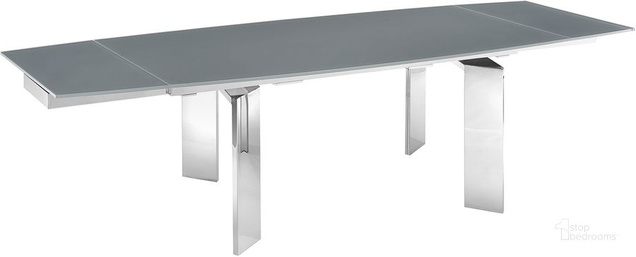 The appearance of Astor Dining Table In Gray Glass With Polished Stainless Steel Base designed by Casabianca Home in the modern / contemporary interior design. This gray piece of furniture  was selected by 1StopBedrooms from Astor Collection to add a touch of cosiness and style into your home. Sku: TC-MAN05GRY. Table Base Style: Double Pedestal. Product Type: Dining Table. Table Top Shape: Rectangular. Material: Stainless Steel. Size: 71". Image1