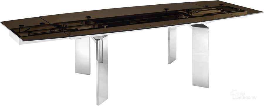 The appearance of Astor Dining Table In Smoked Glass With Polished Stainless Steel Base designed by Casabianca Home in the modern / contemporary interior design. This smoke piece of furniture  was selected by 1StopBedrooms from Astor Collection to add a touch of cosiness and style into your home. Sku: TC-MAN05SMK. Table Base Style: Double Pedestal. Product Type: Dining Table. Table Top Shape: Rectangular. Material: Stainless Steel. Size: 71". Image1