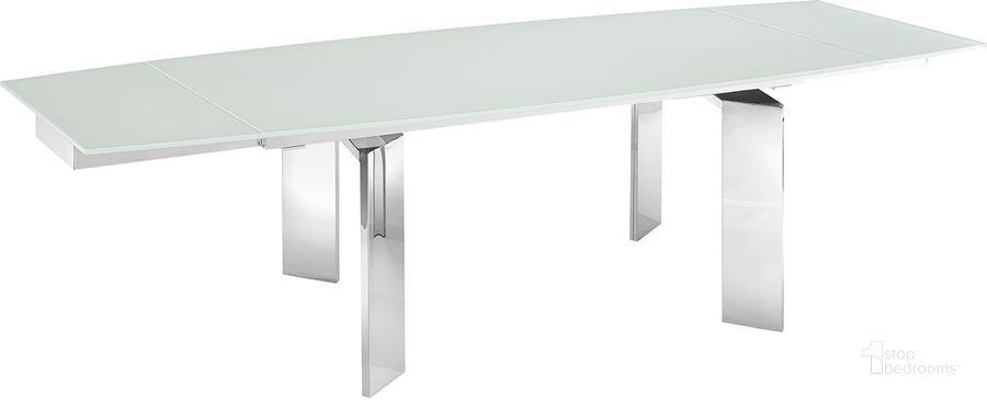 The appearance of Astor Dining Table In White Glass With Polished Stainless Steel Base designed by Casabianca Home in the modern / contemporary interior design. This stainless steel piece of furniture  was selected by 1StopBedrooms from Astor Collection to add a touch of cosiness and style into your home. Sku: TC-MAN05WHT. Table Base Style: Double Pedestal. Product Type: Dining Table. Table Top Shape: Rectangular. Material: Stainless Steel. Size: 71". Image1