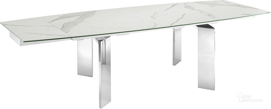 The appearance of Astor Dining Table In White Marbled Porcelain Top On Glass With High Gloss White Lacquer Base designed by Casabianca Home in the modern / contemporary interior design. This white piece of furniture  was selected by 1StopBedrooms from Astor Collection to add a touch of cosiness and style into your home. Sku: TC-MAN05MAR. Table Base Style: Double Pedestal. Product Type: Dining Table. Table Top Shape: Rectangular. Material: Stainless Steel. Size: 71". Image1