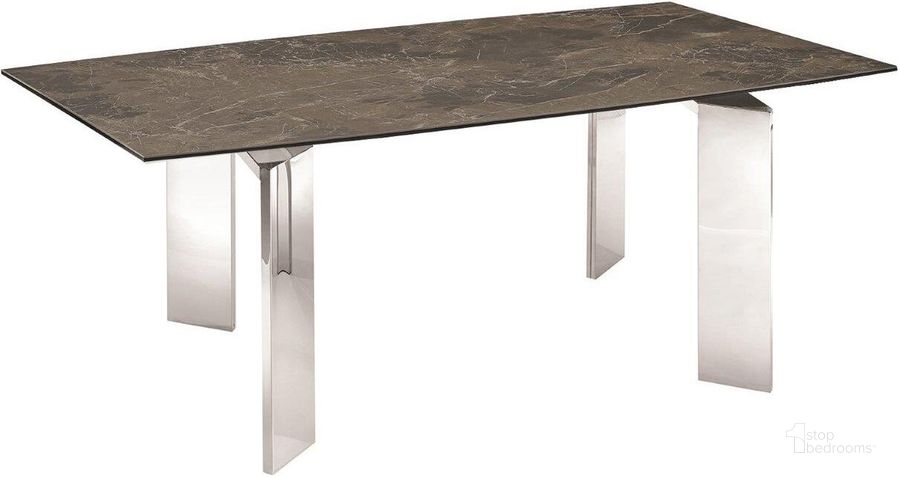 The appearance of Astor Dining Table With Stainless Base and Brown Marbled Top designed by Casabianca Home in the modern / contemporary interior design. This brown piece of furniture  was selected by 1StopBedrooms from Astor Collection to add a touch of cosiness and style into your home. Sku: TC-MFIX05EMP. Table Base Style: Double Pedestal. Product Type: Dining Table. Table Top Shape: Rectangular. Material: Stainless Steel. Size: 71.