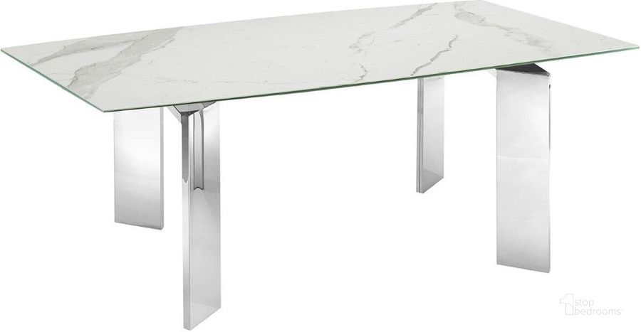 The appearance of Astor Dining Table With Stainless Base and White Marbled Top designed by Casabianca Home in the modern / contemporary interior design. This white marble piece of furniture  was selected by 1StopBedrooms from Astor Collection to add a touch of cosiness and style into your home. Sku: TC-MFIX05MAR. Table Base Style: Double Pedestal. Product Type: Dining Table. Table Top Shape: Rectangular. Material: Stainless Steel. Size: 71.