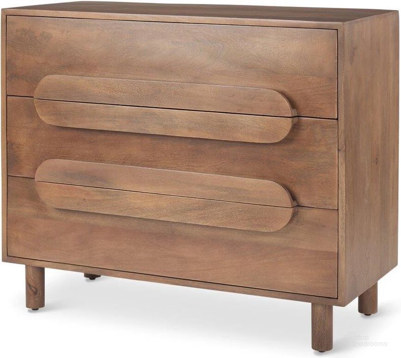 The appearance of Astrid Medium Brown Solid Wood 3 Drawer Cabinet designed by Mercana in the modern / contemporary interior design. This brown piece of furniture  was selected by 1StopBedrooms from Astrid Collection to add a touch of cosiness and style into your home. Sku: 69941. Material: Wood. Product Type: Accent Cabinet. Image1