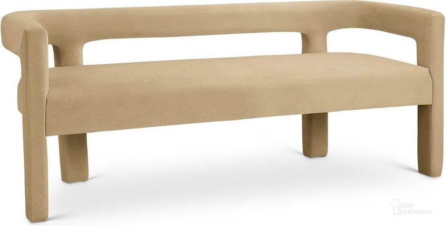 The appearance of Athena Velvet Bench In Camel designed by Meridian in the modern / contemporary interior design. This camel piece of furniture  was selected by 1StopBedrooms from Athena Collection to add a touch of cosiness and style into your home. Sku: 892Camel. Material: Wood. Product Type: Bench. Image1