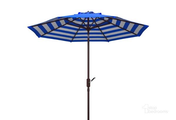The appearance of Athens Inside Out Striped 9Ft Crank Outdoor Auto Tilt Umbrella in Blue designed by Safavieh in the modern / contemporary interior design. This blue piece of furniture  was selected by 1StopBedrooms from Athens Collection to add a touch of cosiness and style into your home. Sku: PAT8007P. Material: Metal. Product Type: Umbrella. Image1