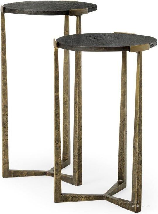 The appearance of Atticus Black Wood And Antiqued Gold Metal Nesting Accent Tables Set of 2 designed by Mercana in the modern / contemporary interior design. This black piece of furniture  was selected by 1StopBedrooms from Atticus Collection to add a touch of cosiness and style into your home. Sku: 69728. Material: Wood. Product Type: Nesting Table. Image1
