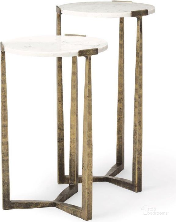 The appearance of Atticus Marble And Antiqued Gold Metal Nesting Accent Tables Set of 2 designed by Mercana in the modern / contemporary interior design. This white and gold piece of furniture  was selected by 1StopBedrooms from Atticus Collection to add a touch of cosiness and style into your home. Sku: 69730. Material: Metal. Product Type: Nesting Table. Image1