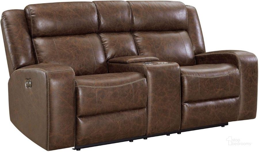 The appearance of Atticus Mocha Power Reclining Console Loveseat With Power Headrest And Footrest designed by New Classic in the modern / contemporary interior design. This brown piece of furniture  was selected by 1StopBedrooms from Atticus Collection to add a touch of cosiness and style into your home. Sku: U2413-25P2-MCB. Product Type: Reclining Loveseat. Image1