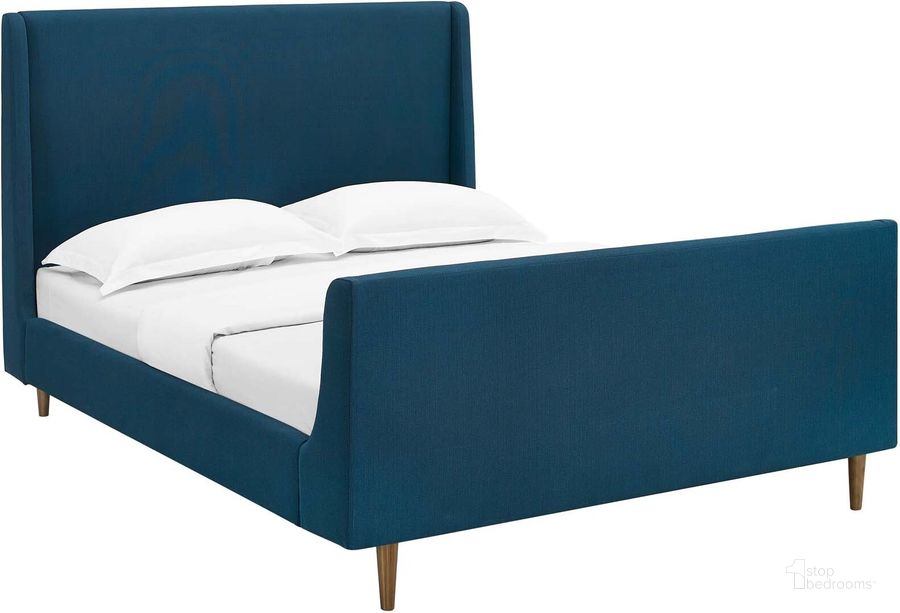 The appearance of Aubree Azure Queen Upholstered Fabric Sleigh Platform Bed designed by Modway in the modern / contemporary interior design. This azure piece of furniture  was selected by 1StopBedrooms from Aubree Collection to add a touch of cosiness and style into your home. Sku: MOD-5824-AZU. Bed Type: Platform Bed. Material: Wood. Product Type: Platform Bed. Bed Size: Queen. Image1