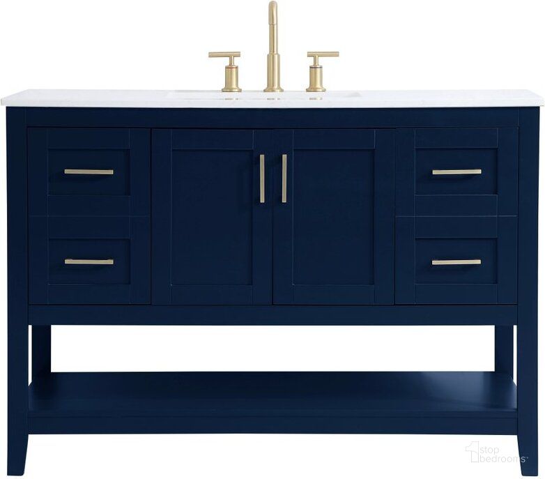 The appearance of Aubrey 48 Inch Single Bathroom Vanity In Blue designed by Elegant Lighting in the traditional interior design. This blue piece of furniture  was selected by 1StopBedrooms from Aubrey Collection to add a touch of cosiness and style into your home. Sku: VF16048BL. Material: Wood. Product Type: Bathroom Vanity. Image1