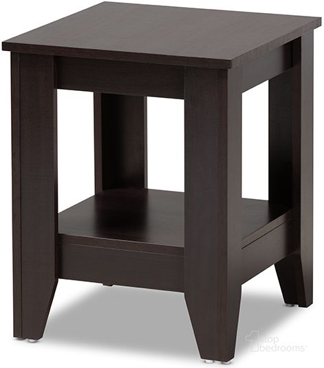 The appearance of Audra Modern And Contemporary Dark Brown Finished Wood End Table designed by Baxton Studio in the modern / contemporary interior design. This dark brown piece of furniture  was selected by 1StopBedrooms from Audra Collection to add a touch of cosiness and style into your home. Sku: ET8000-Wenge-ET. Material: Wood. Product Type: End Table. Image1