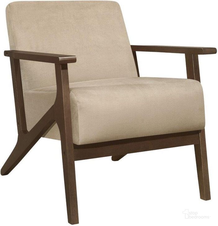 The appearance of August Light Brown Accent Chair designed by Homelegance in the transitional interior design. This brown piece of furniture  was selected by 1StopBedrooms from August Collection to add a touch of cosiness and style into your home. Sku: 1031BR-1. Product Type: Accent Chair. Material: Velvet. Image1